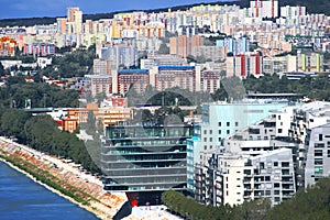 View of River Park complex foreground and residential district on the background in Bratislava, Slovakia