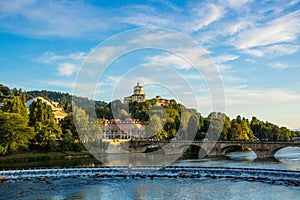 View on river Po in Turin and Monte dei Cappuccini where there is the church Santa Maria al Monte. Turin Torino, Italy.