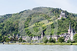 View from the river Rhine of the town of Bacharach with Stahleck Castle visible above