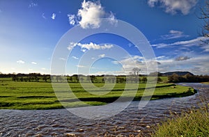 View of the River Ribble and fields, Clitheroe.