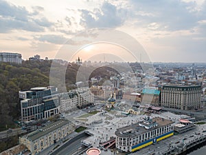 View of the river station, Postal Square with St. Elijah Church , tourist boats and the Andreev Church in Kyiv city