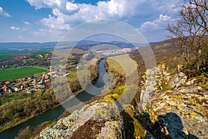 View with river at sunset in mountain. Spring landscape in Slovakia, Hron river.