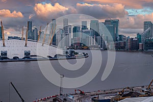 View from the river Thames over Millennium dome or O2 Arena in London.