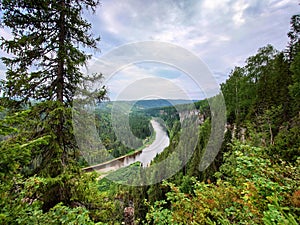 View of the river from the top of the mountain. Summer landscape.