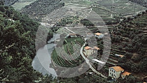 View of the river and vineyards are on a hills in Douro Valley, Portugal.