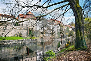 View of the riverside of the city of Cesky Krumlov, Bohemia, Czeh republic.