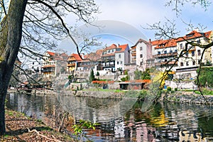 View of the riverside of the city of Cesky Krumlov, Bohemia, Czeh republic.