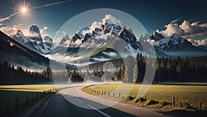 View of the road alongside vast flat fields as the forest loomed ahead, with the majestic snowy mountains painting a stunning