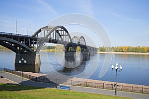 View of the road bridge over the Volga river in the city of Rybinsk. Yaroslavl region, Russia