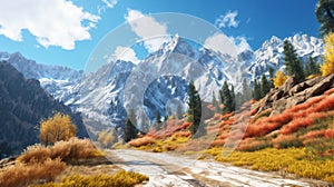 view of the road in front of mountains, beautiful summer landscape at sunny day, blue sky and white clouds