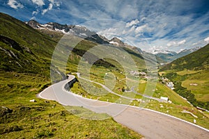 View of road from Furka pass, Realp city below