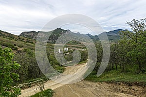 View of the road in the gorge of the Echki-Daga mountain. Picturesque view of the Crimean mountains. Fox Bay. Crimea.