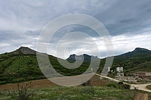 View of the road in the gorge of the Echki-Daga mountain. Picturesque view of the Crimean mountains. Fox Bay. Crimea.