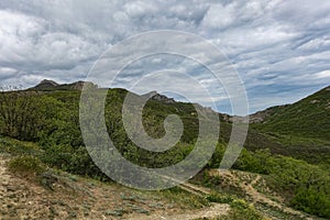 View of the road in the gorge of the Echki-Daga mountain. Picturesque view of the Crimean mountains. Fox Bay. Crimea.