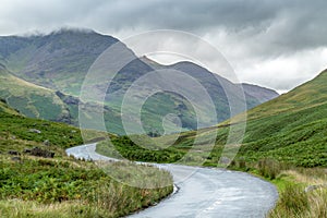 View of the road through Honister Pass, Lake District UK