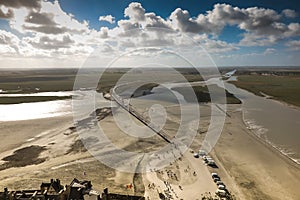 View of the road leading to Mont Saint Michel, France