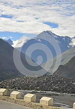 View from road of mountains and clouds with Bhaga river in Darcha, Lahaul and Spiti