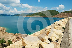View from the road over the dam to the High Island Reservoir at the Hong Kong Global Geopark, Hong Kong, China.