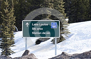 View of road sign `Lake Louise` on Trans-Canada Highway