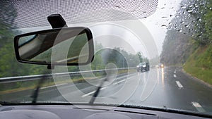 View of road traffic in rainy weather from inside an automobile