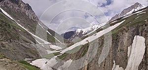 View from Roads of Zojila pass (11,000ft.) during the month of June.Melting snow and mountains