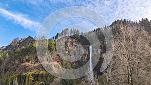 View of the roaring Multnomah Falls on a February day