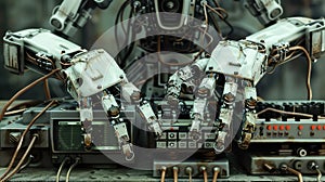 robot with multiple hands working on many computer terminal steam punk style Generated with AI