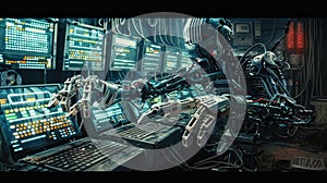 robot with multiple hands working on many computer terminal steam punk style Generated with AI