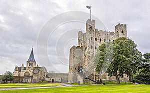 A view of Rochester castle and cathedral, UK from the castle grounds