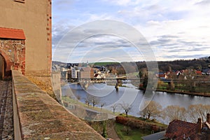 View of Rochlitz in Germany/Europe with Zwickauer Mulde River