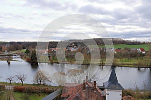 View of Rochlitz in Germany/Europe with Zwickauer Mulde River
