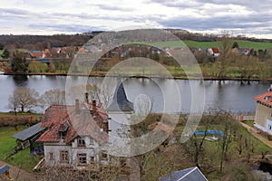 View of Rochlitz in Germany/Europe with Zwickauer Mulde River