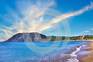 View on the rock from the Agios Stefanos Bay beach on Kos island