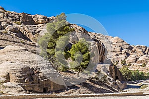 A view of rock caves beside the path leading to the ancient city of Petra, Jordan