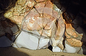 View of a rock formation inside of a sea cave at Fishermans Cove Beach in Laguna Beach, California