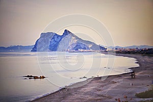 View of the Rock of Gibraltar with beach and Mediterranean Sea