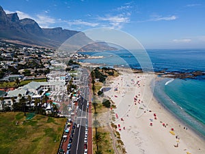 view from The Rock viewpoint in Cape Town over Campsbay, view over Camps Bay with fog over the ocean