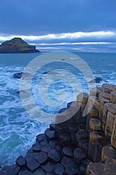 View of the Rocks of Giants Causeway with sea sprayed rocks