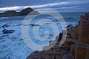 View of the Rocks of Giants Causeway with sea sprayed rocks