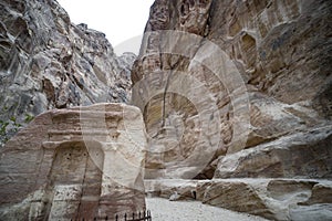 View of rocks in Petra, Jordan. Canyon between the rocks, bottom view. Nature of the middle East