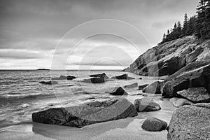 View of the rocky cliff shore line at Acadia National Park. New