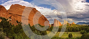 View of the rocky cliffs in the Garden of the Gods in Colorado Springs on a sunrise