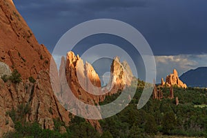 View of the rocky cliffs in the Garden of the Gods in Colorado Springs on a sunrise