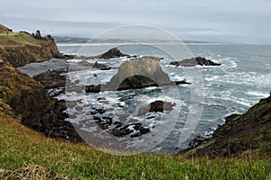 A view of rocky cliffs of the northern Oregon coast.