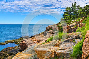 View of the rocky coastline in Acadia National Park, Maine