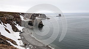 View of the rocky coastline of the Sea of Okhotsk in the northeast of the Magadan region