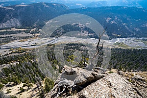 View of a rocky ledge overlooking a valley in the Bridger-Teton National Forest photo