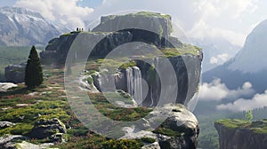 a view of a rocky mountain with a waterfall, grass and some trees