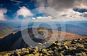 View of the rocky, rugged White Mountains from the summit of Mount Washington, New Hampshire.