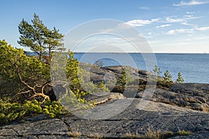 View of the rocky shore of Puistovuori in autumn